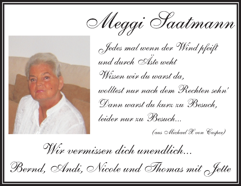  Traueranzeige für Meggi Saatmann vom 08.10.2016 aus  Usinger Anzeiger