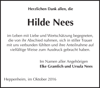 Traueranzeige von Hilde Nees von Trauerportal Echo Online
