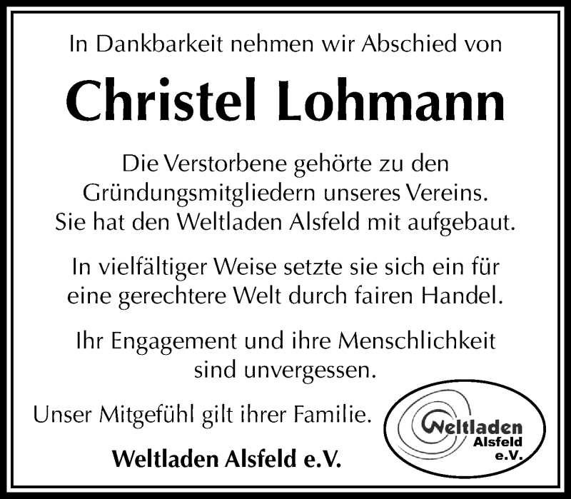  Traueranzeige für Christel Lohmann vom 14.10.2016 aus VRM Trauer