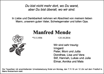 Traueranzeige von Manfred Mende von Trauerportal Rhein Main Presse