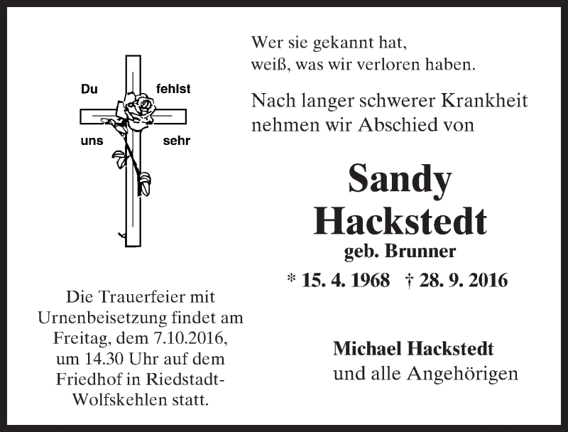  Traueranzeige für Sandy Hackstedt vom 05.10.2016 aus Trauerportal Echo Online