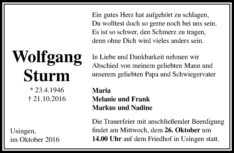  Traueranzeige für Wolfgang Sturm vom 24.10.2016 aus  Usinger Anzeiger