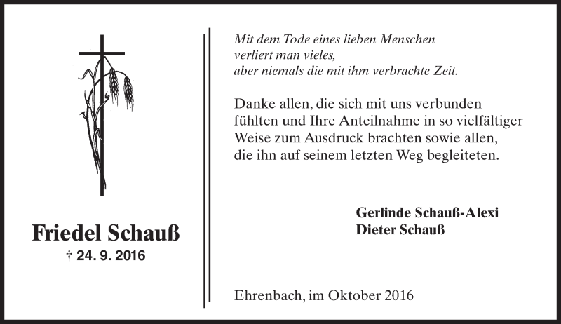  Traueranzeige für Friedel Schauß vom 15.10.2016 aus Trauerportal Rhein Main Presse