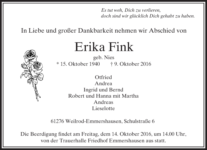 Traueranzeige für Erika Fink vom 11.10.2016 aus  Usinger Anzeiger