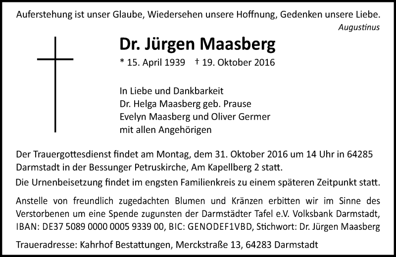  Traueranzeige für Jürgen Maasberg vom 27.10.2016 aus Trauerportal Echo Online