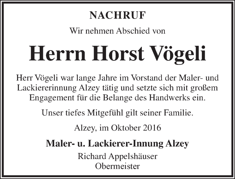  Traueranzeige für Horst Vögeli vom 13.10.2016 aus Trauerportal Rhein Main Presse