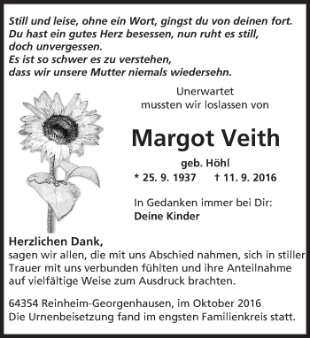 Traueranzeige von Margot Veith von Trauerportal Echo Online