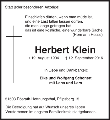 Traueranzeige von Herbert Klein von Trauerportal Echo Online