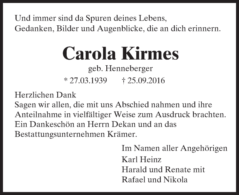  Traueranzeige für Carola Kirmes vom 29.10.2016 aus Trauerportal Echo Online