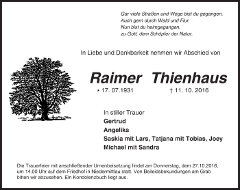 Traueranzeige von Raimer Thienhaus von  Gelnhäuser Tageblatt