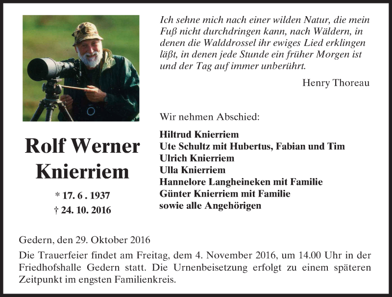  Traueranzeige für Rolf Werner Knierriem vom 29.10.2016 aus  Kreisanzeiger