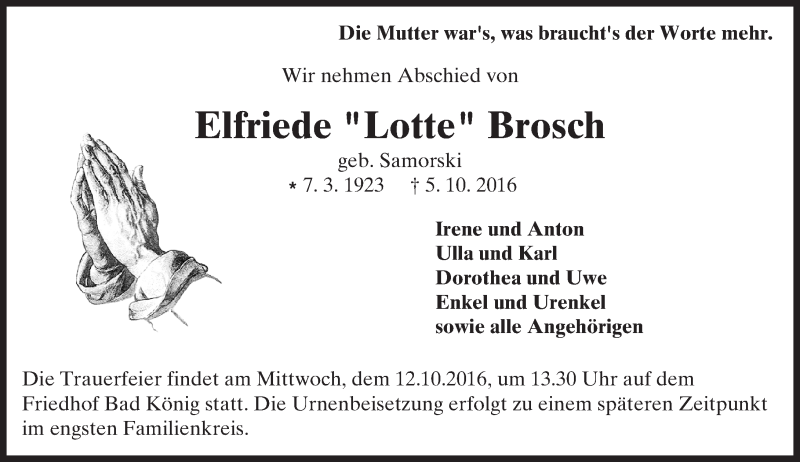  Traueranzeige für Elfriede Brosch vom 08.10.2016 aus Trauerportal Echo Online