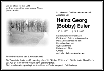 Traueranzeige von Heinz Georg Euler von  Gießener Anzeiger