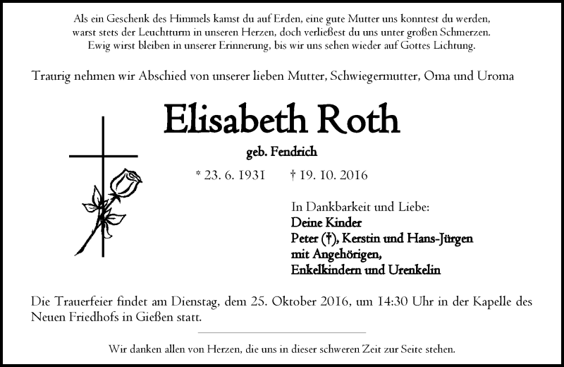  Traueranzeige für Elisabeth Roth vom 22.10.2016 aus  Gießener Anzeiger