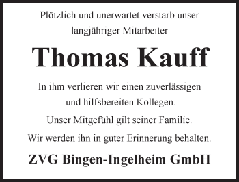 Traueranzeige von Thomas Kauff von Trauerportal Rhein Main Presse