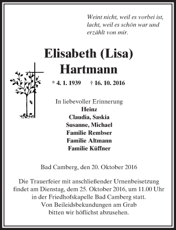 Traueranzeige von Elisabeth Hartmann von  Camberger Anzeiger