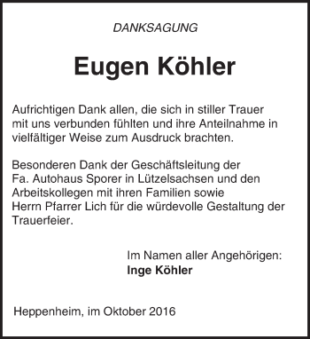 Traueranzeige von Eugen Köhler von Trauerportal Echo Online