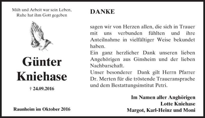  Traueranzeige für Günter Kniehase vom 15.10.2016 aus Trauerportal Rhein Main Presse