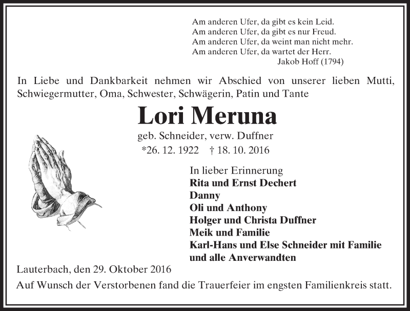  Traueranzeige für Lori Meruna vom 29.10.2016 aus VRM Trauer