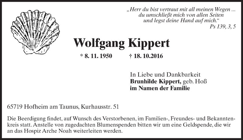  Traueranzeige für Wolfgang Kippert vom 21.10.2016 aus Trauerportal Rhein Main Presse
