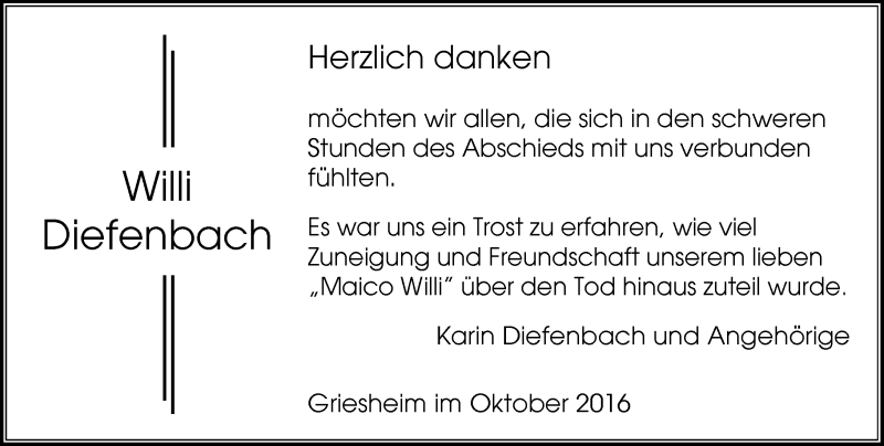  Traueranzeige für Willi Diefenbach vom 29.10.2016 aus Trauerportal Echo Online