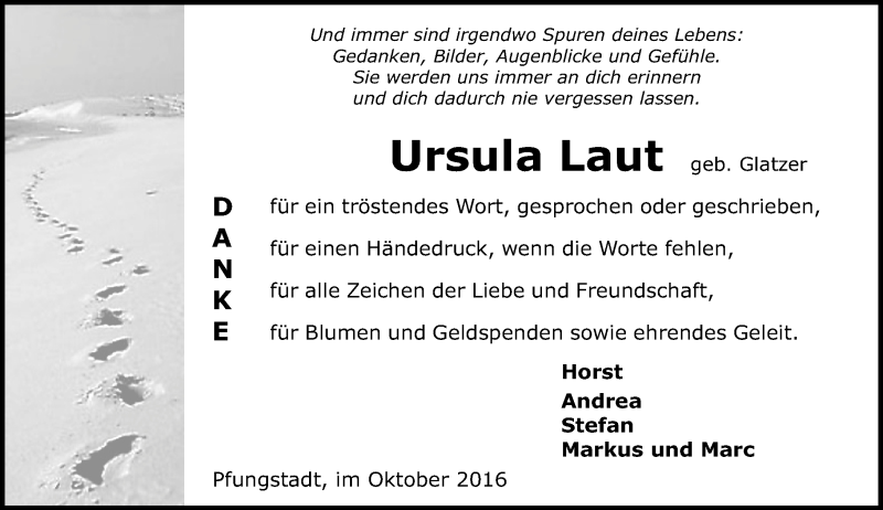  Traueranzeige für Ursula Laut vom 15.10.2016 aus Trauerportal Echo Online