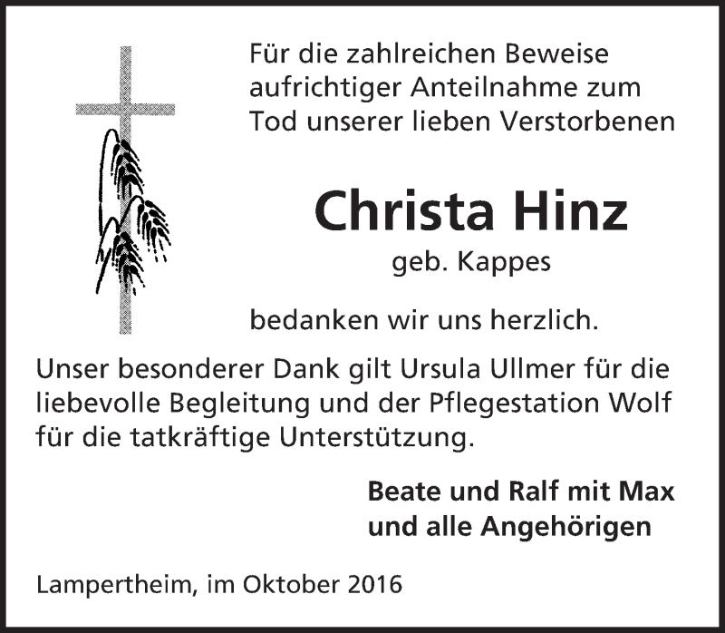  Traueranzeige für Christa Hinz vom 29.10.2016 aus Trauerportal Echo Online