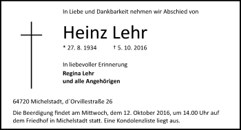 Traueranzeige von Heinz Lehr von Trauerportal Echo Online