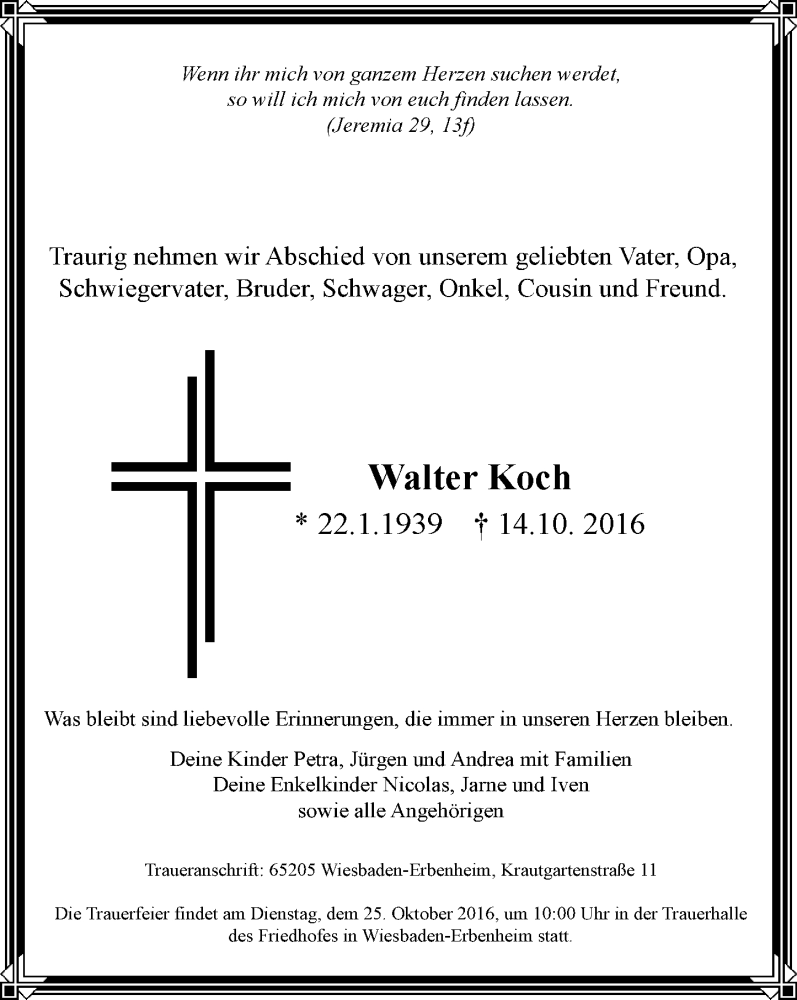  Traueranzeige für Walter Koch vom 22.10.2016 aus Trauerportal Rhein Main Presse