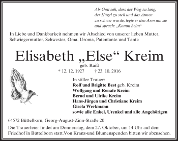 Traueranzeige von Elisabeth Kreim von Trauerportal Echo Online