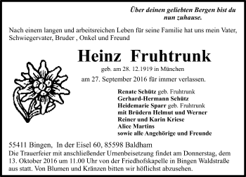 Traueranzeige von Heinz Fruhtrunk von Trauerportal Rhein Main Presse