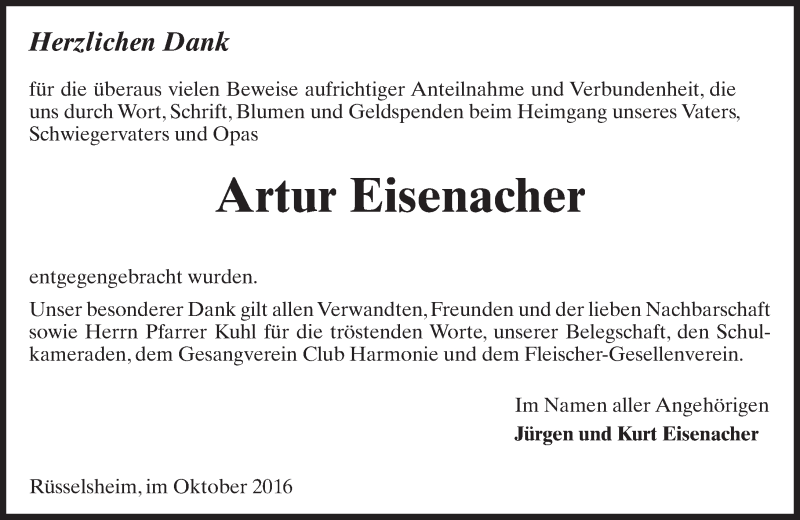  Traueranzeige für Artur Eisenacher vom 22.10.2016 aus Trauerportal Rhein Main Presse