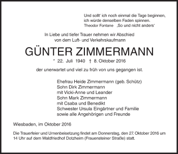 Traueranzeige von Günter Zimmermann von Trauerportal Rhein Main Presse