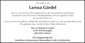 Traueranzeige von Larissa Gördel von Trauerportal Echo Online
