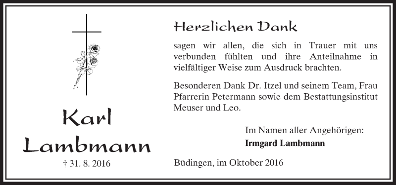  Traueranzeige für Karl Lambmann vom 15.10.2016 aus  Kreisanzeiger