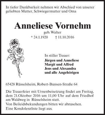 Traueranzeige von Anneliese Vornehm von Trauerportal Rhein Main Presse