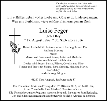 Traueranzeige von Luise Feger von  Usinger Anzeiger