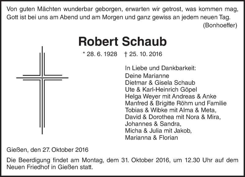  Traueranzeige für Robert Schaub vom 27.10.2016 aus  Gießener Anzeiger