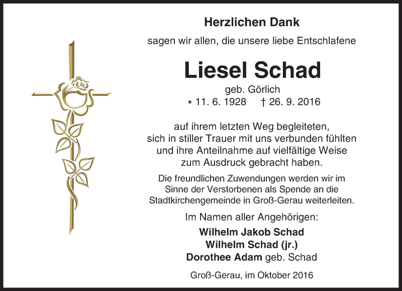  Traueranzeige für Liesel Schad vom 15.10.2016 aus Trauerportal Echo Online
