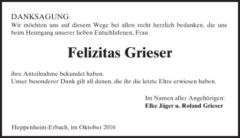 Traueranzeige von Felizitas Grieser von Trauerportal Rhein Main Presse