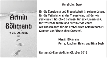 Traueranzeige von Armin Böhmann von Trauerportal Echo Online