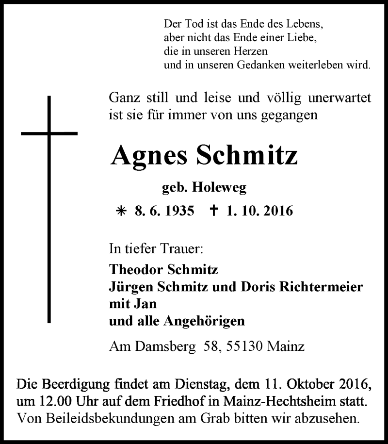  Traueranzeige für Agnes Schmitz vom 08.10.2016 aus Trauerportal Rhein Main Presse