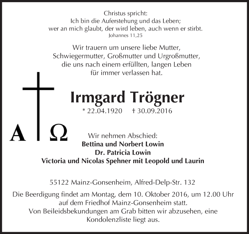  Traueranzeige für Irmgard Trögner vom 07.10.2016 aus Trauerportal Rhein Main Presse