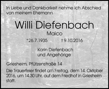 Traueranzeige von Willi Diefenbach von Trauerportal Echo Online