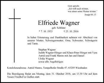 Traueranzeige von Elfriede Wagner von  Gießener Anzeiger