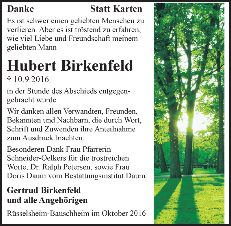  Traueranzeige für Hubert Birkenfeld vom 07.10.2016 aus Trauerportal Rhein Main Presse
