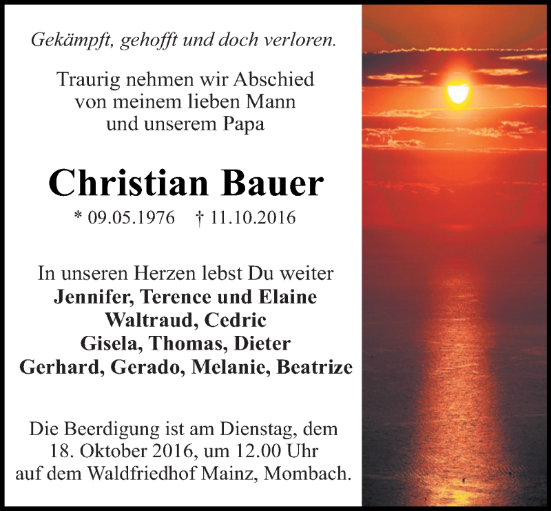  Traueranzeige für Christian Bauer vom 15.10.2016 aus Trauerportal Rhein Main Presse