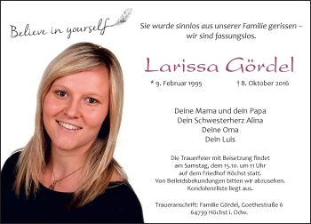 Traueranzeige von Larissa Gördel von Trauerportal Echo Online