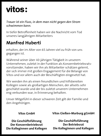 Traueranzeige von Manfred Huberti von  Gießener Anzeiger