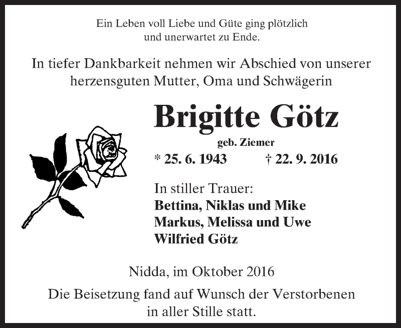  Traueranzeige für Brigitte Götz vom 08.10.2016 aus  Kreisanzeiger